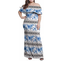 Samoa White Sunday Family Matching Off Shoulder Maxi Dress and Hawaiian Shirt Samoan Tapa Blue Hibiscus - Polynesian Pride