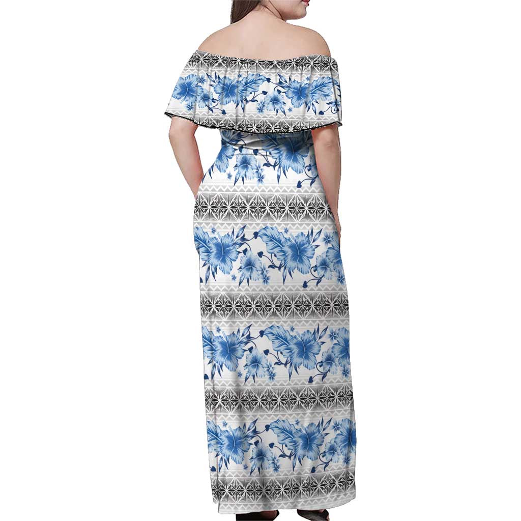 Samoa White Sunday Family Matching Off Shoulder Maxi Dress and Hawaiian Shirt Samoan Tapa Blue Hibiscus - Polynesian Pride