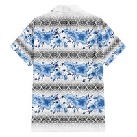 Samoa White Sunday Family Matching Off Shoulder Short Dress and Hawaiian Shirt Samoan Tapa Blue Hibiscus - Polynesian Pride