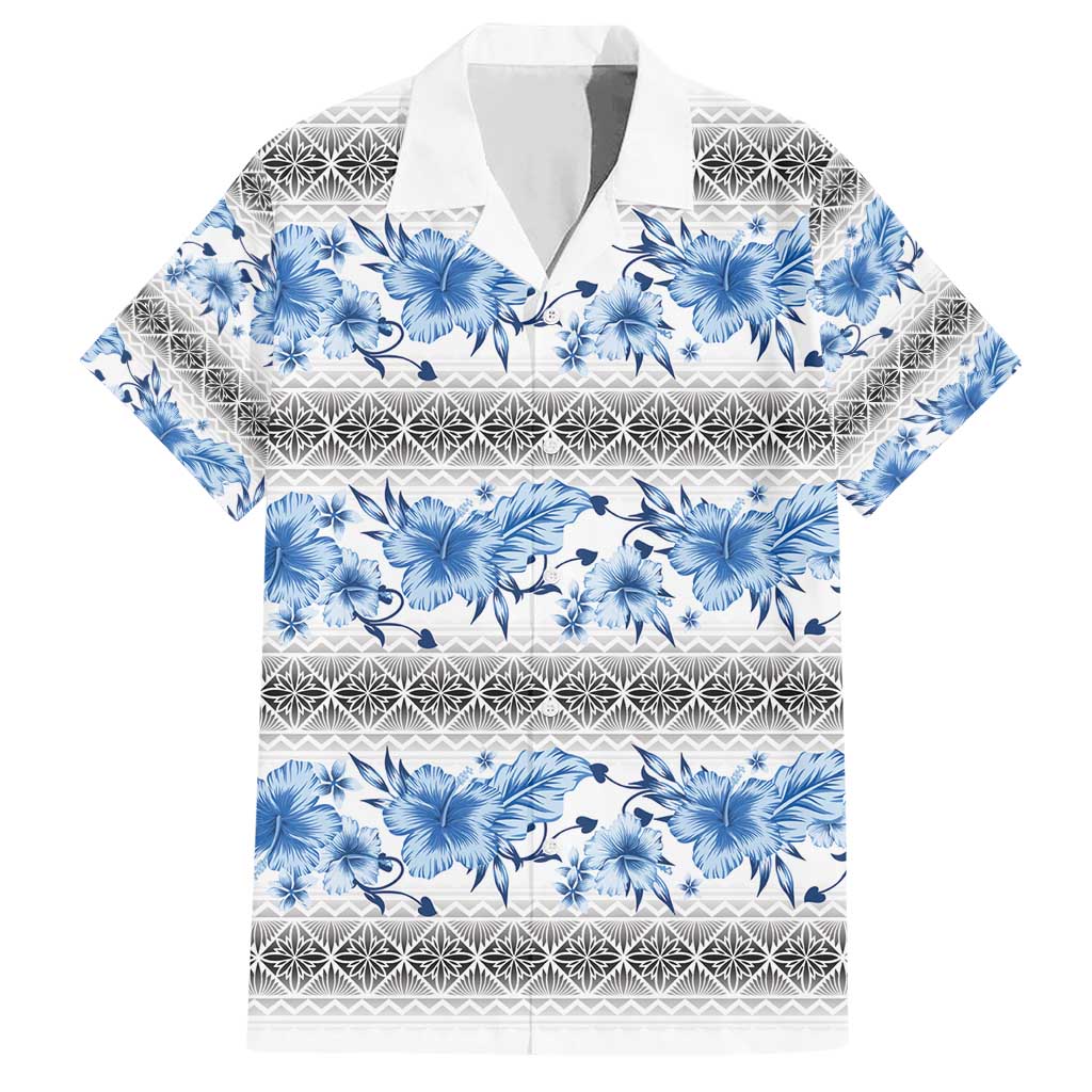 Samoa White Sunday Family Matching Short Sleeve Bodycon Dress and Hawaiian Shirt Samoan Tapa Blue Hibiscus - Polynesian Pride