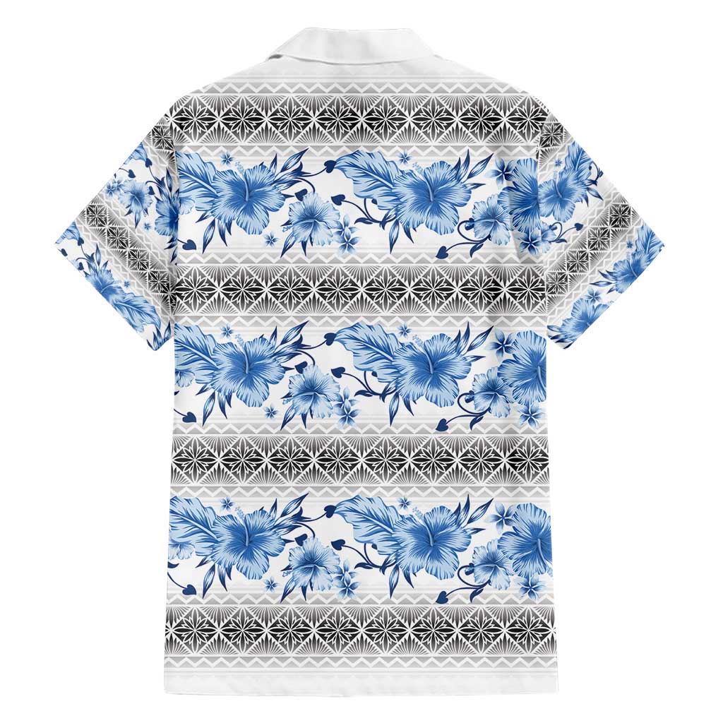 Samoa White Sunday Family Matching Short Sleeve Bodycon Dress and Hawaiian Shirt Samoan Tapa Blue Hibiscus - Polynesian Pride