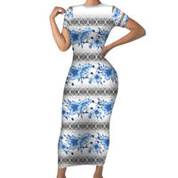 Samoa White Sunday Family Matching Short Sleeve Bodycon Dress and Hawaiian Shirt Samoan Tapa Blue Hibiscus - Polynesian Pride