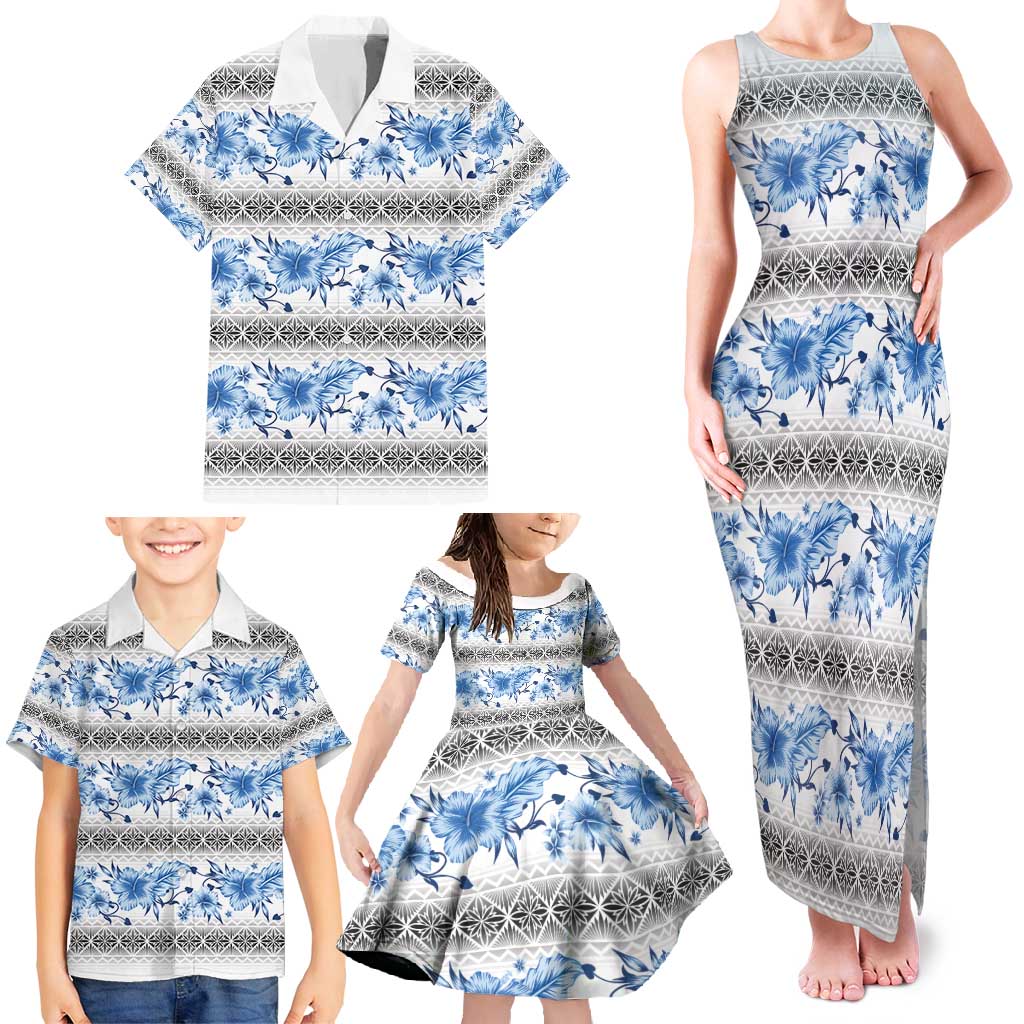Samoa White Sunday Family Matching Tank Maxi Dress and Hawaiian Shirt Samoan Tapa Blue Hibiscus - Polynesian Pride