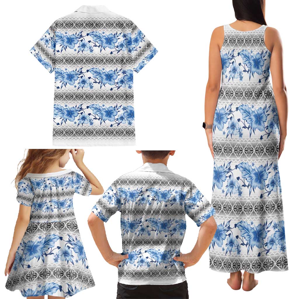 Samoa White Sunday Family Matching Tank Maxi Dress and Hawaiian Shirt Samoan Tapa Blue Hibiscus - Polynesian Pride