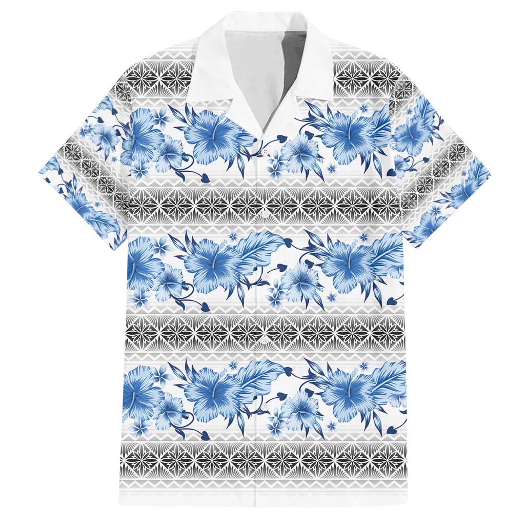 Samoa White Sunday Family Matching Tank Maxi Dress and Hawaiian Shirt Samoan Tapa Blue Hibiscus - Polynesian Pride