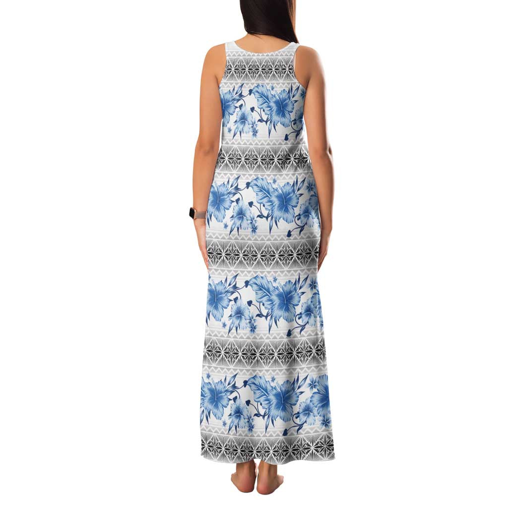 Samoa White Sunday Family Matching Tank Maxi Dress and Hawaiian Shirt Samoan Tapa Blue Hibiscus - Polynesian Pride
