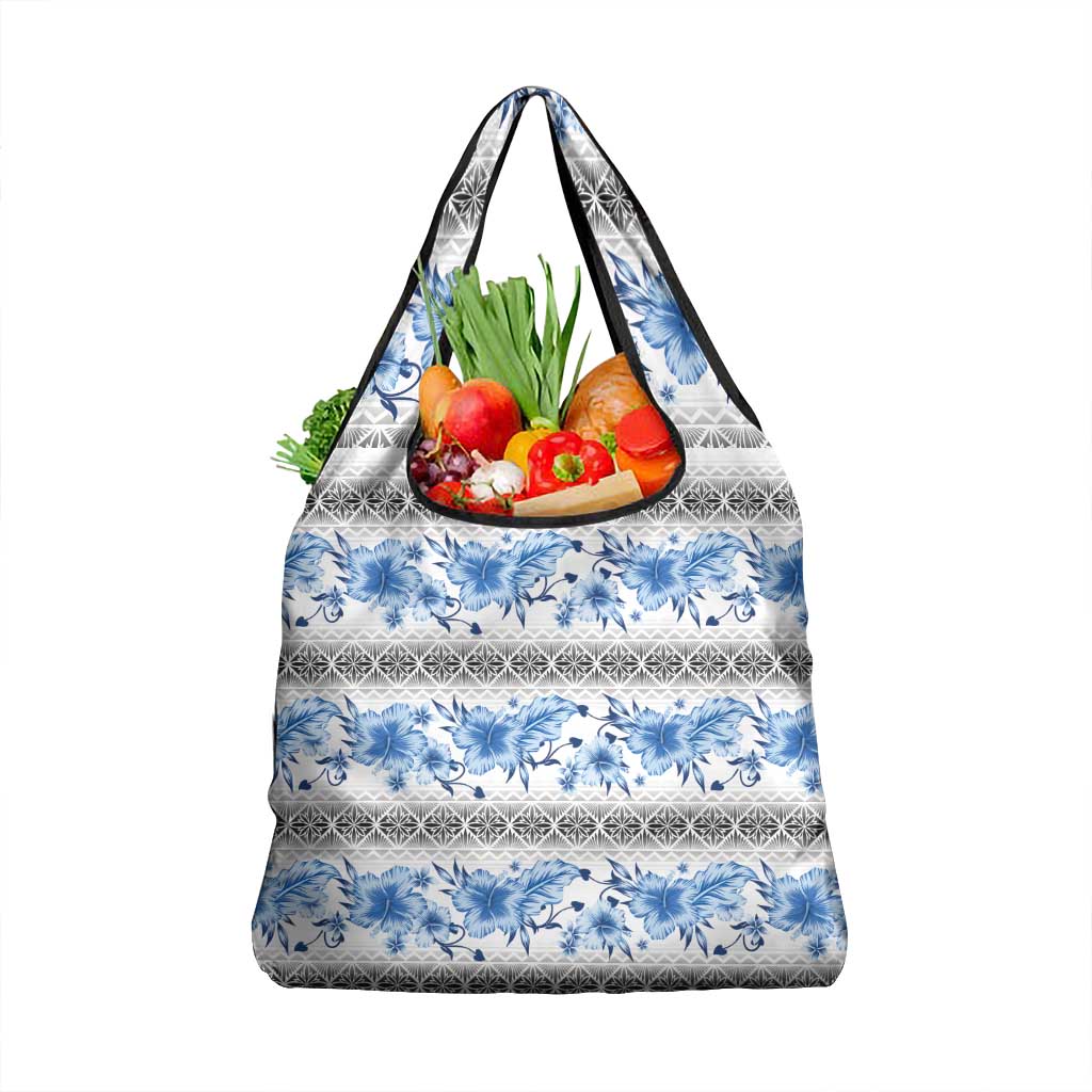 Samoa White Sunday Grocery Bag Samoan Tapa Blue Hibiscus - Polynesian Pride