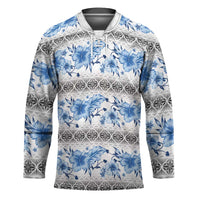 Samoa White Sunday Hockey Jersey Samoan Tapa Blue Hibiscus - Polynesian Pride