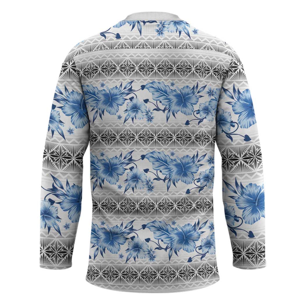 Samoa White Sunday Hockey Jersey Samoan Tapa Blue Hibiscus - Polynesian Pride