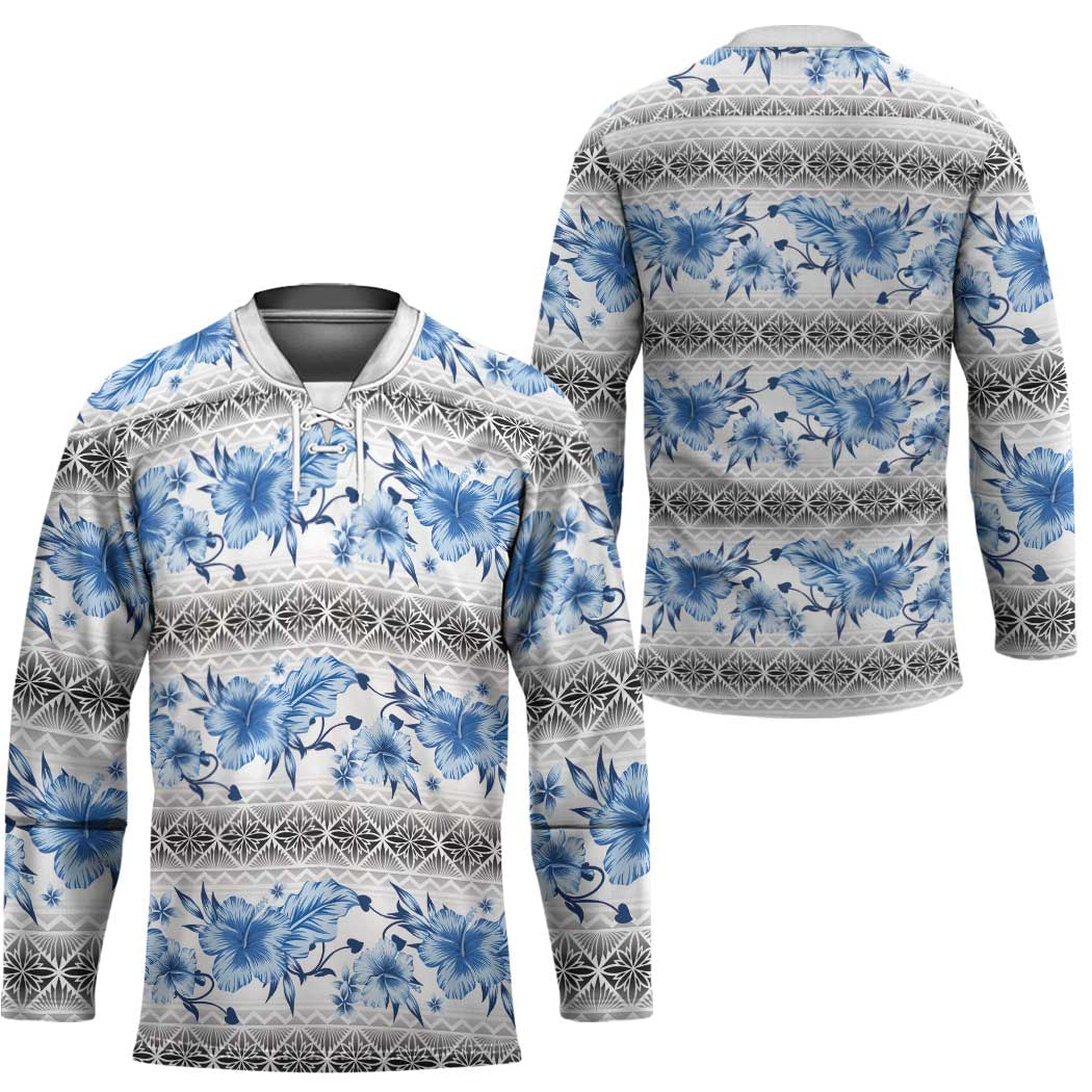 Samoa White Sunday Hockey Jersey Samoan Tapa Blue Hibiscus - Polynesian Pride