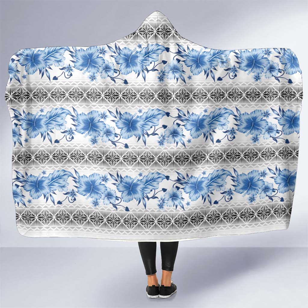 Samoa White Sunday Hooded Blanket Samoan Tapa Blue Hibiscus LT05 One Size Blue - Polynesian Pride