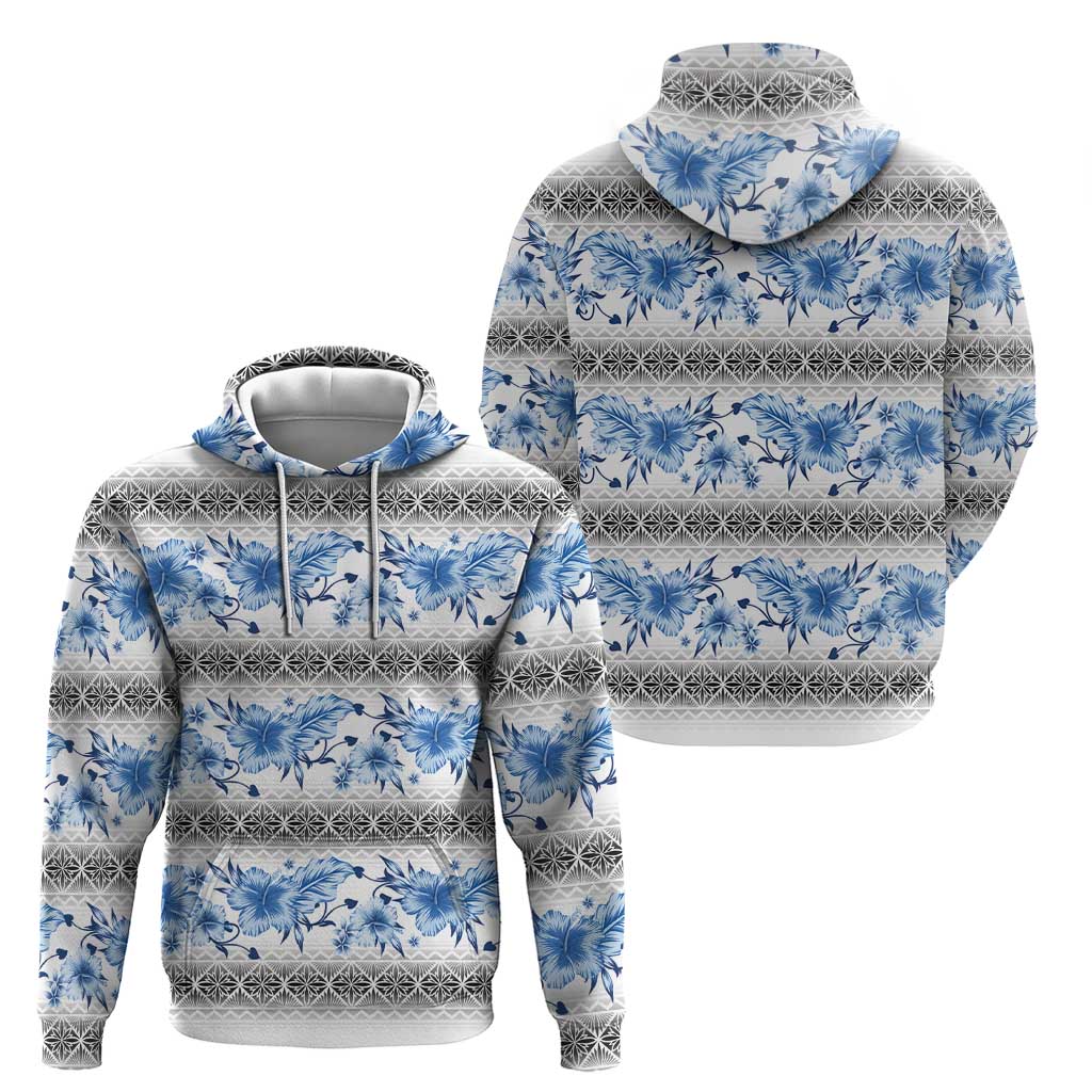 Samoa White Sunday Hoodie Samoan Tapa Blue Hibiscus - Polynesian Pride
