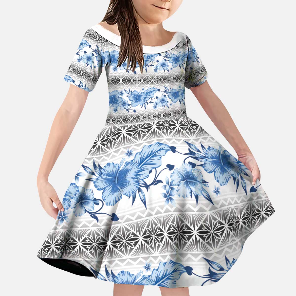 Samoa White Sunday Kid Short Sleeve Dress Samoan Tapa Blue Hibiscus - Polynesian Pride