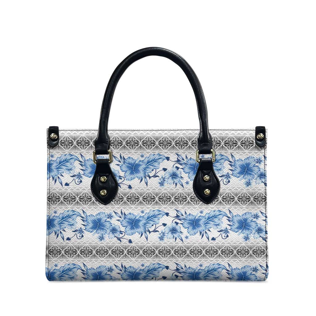 Samoa White Sunday Leather Bag Samoan Tapa Blue Hibiscus - Polynesian Pride