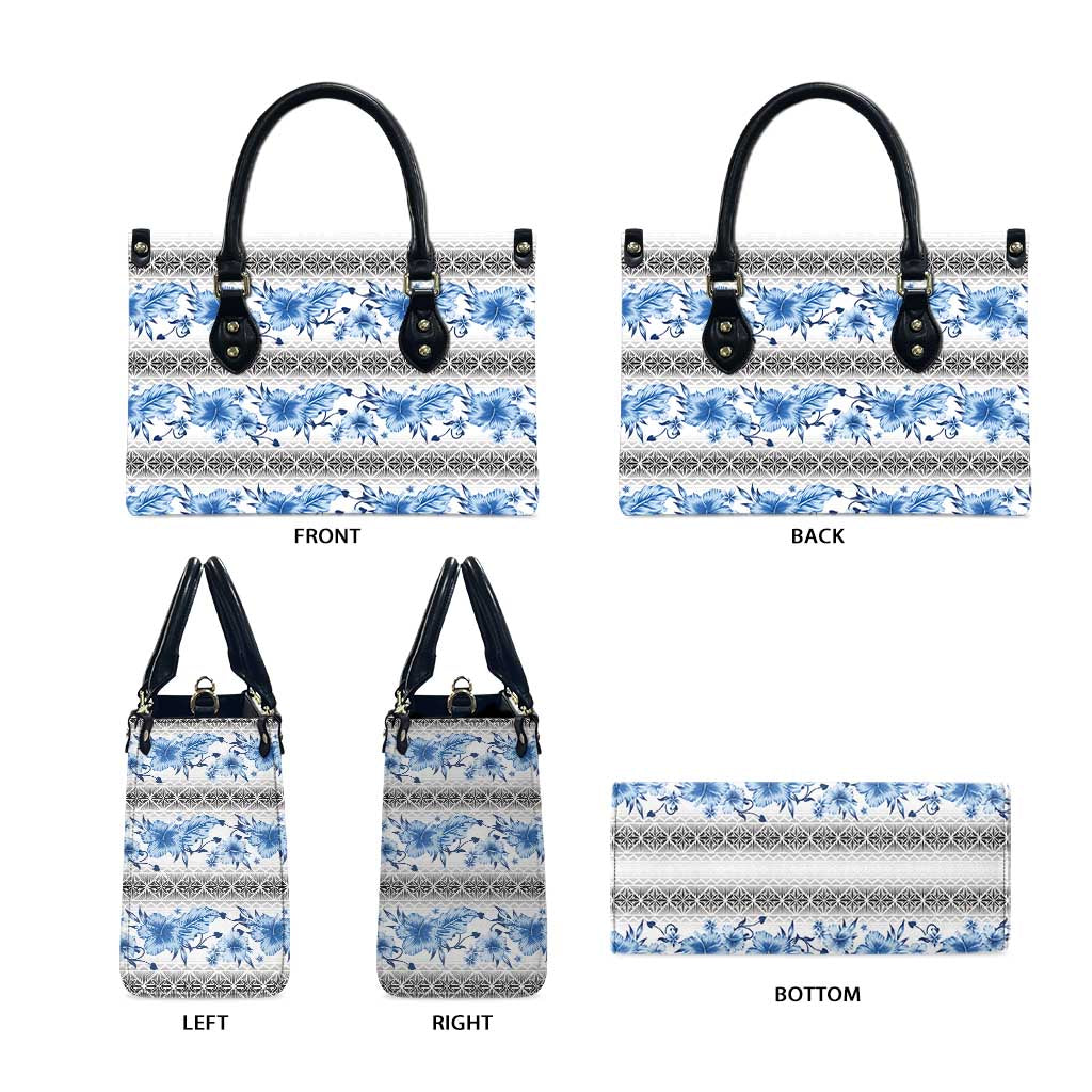 Samoa White Sunday Leather Bag Samoan Tapa Blue Hibiscus - Polynesian Pride
