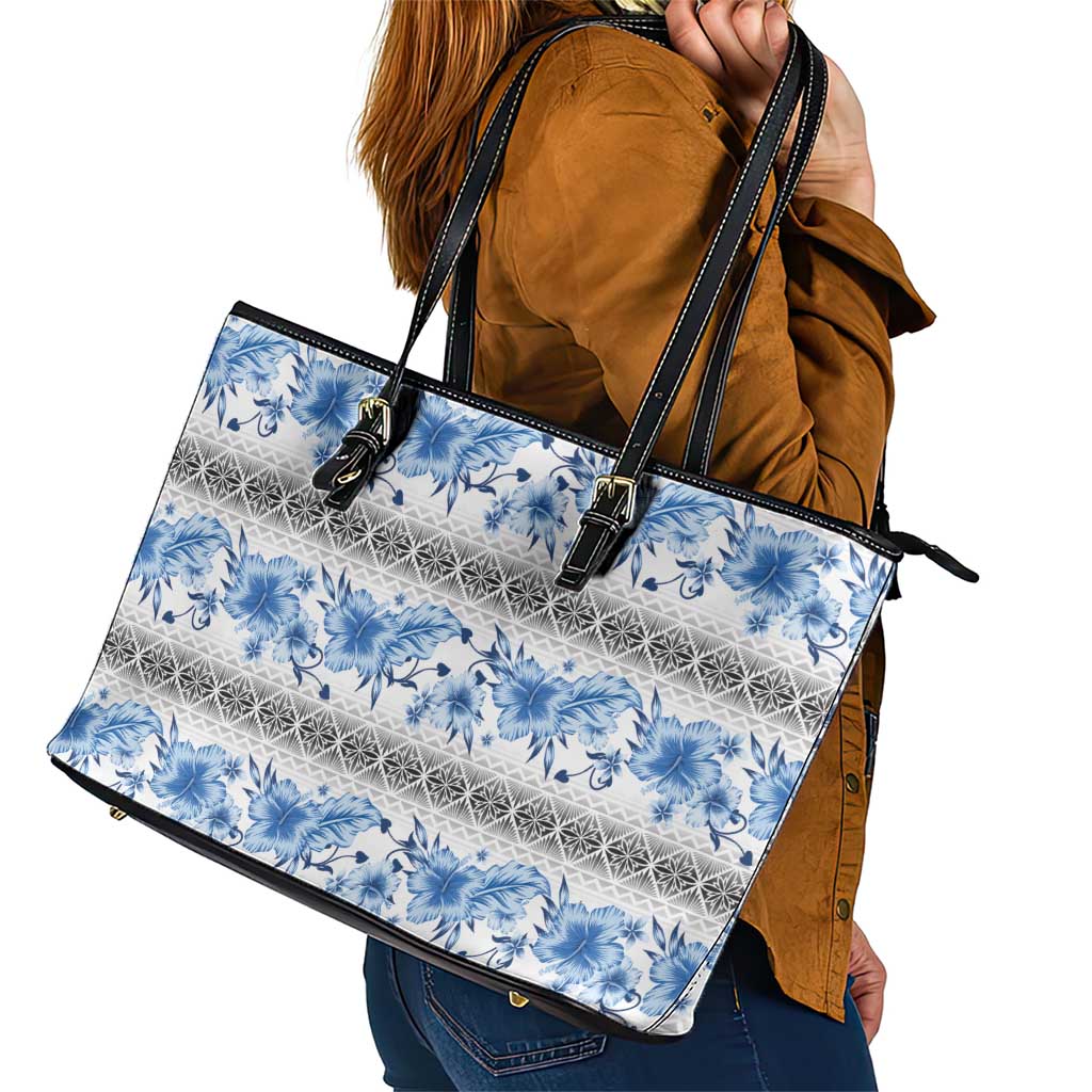 Samoa White Sunday Leather Tote Bag Samoan Tapa Blue Hibiscus - Polynesian Pride