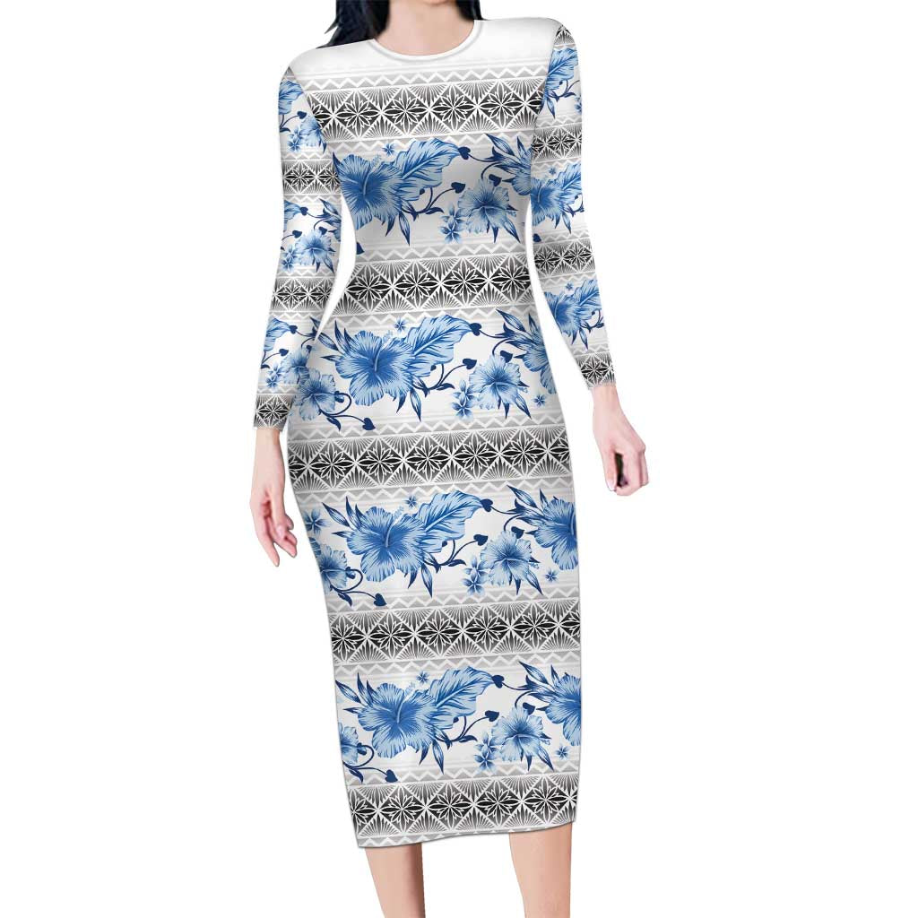Samoa White Sunday Long Sleeve Bodycon Dress Samoan Tapa Blue Hibiscus - Polynesian Pride Samoa White Sunday Long Sleeve Bodycon Dress Samoan Tapa Blue Hibiscus - Polynesian Pride