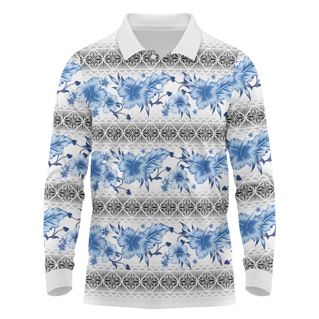 Samoa White Sunday Long Sleeve Polo Shirt Samoan Tapa Blue Hibiscus - Polynesian Pride
