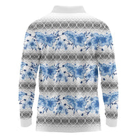 Samoa White Sunday Long Sleeve Polo Shirt Samoan Tapa Blue Hibiscus - Polynesian Pride