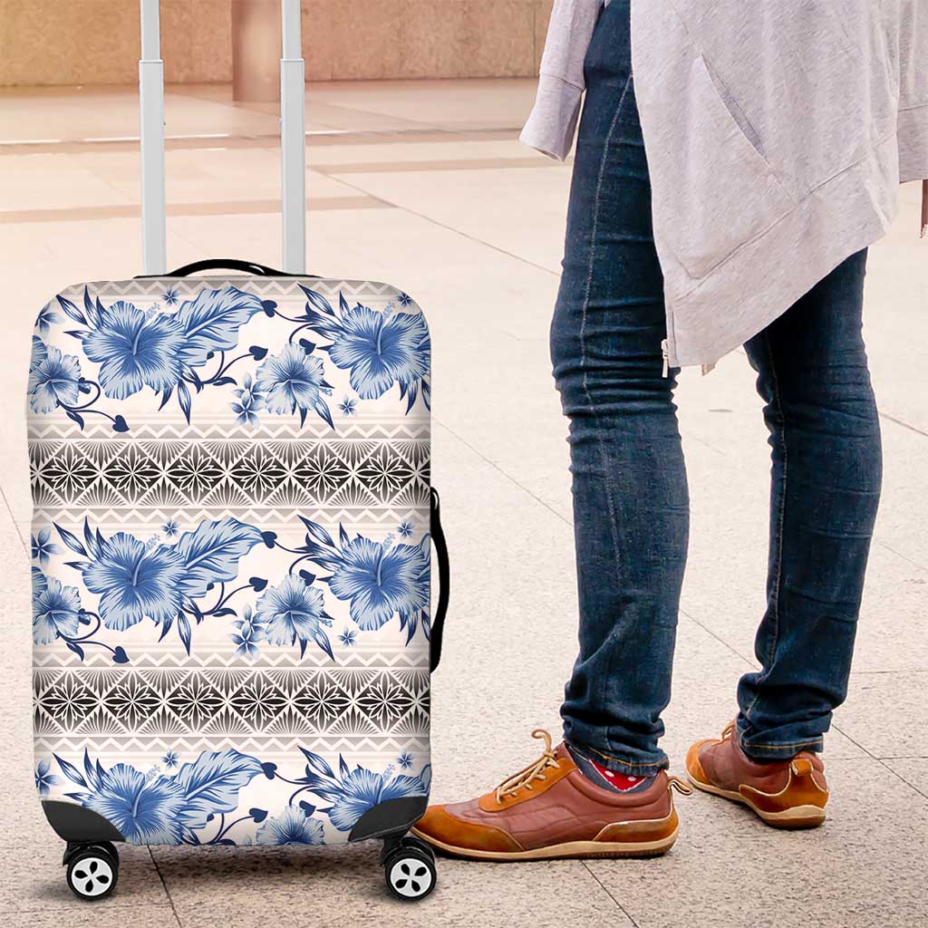Samoa White Sunday Luggage Cover Samoan Tapa Blue Hibiscus LT05 Blue - Polynesian Pride