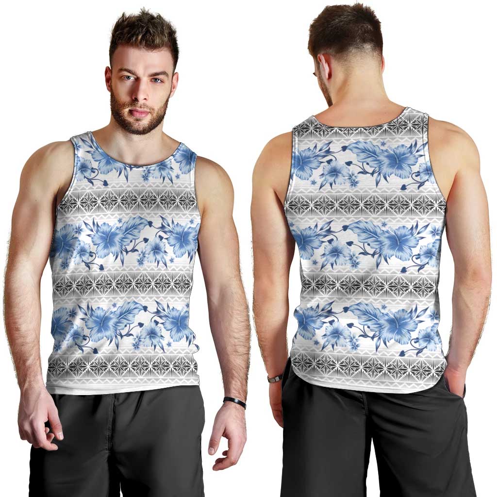 Samoa White Sunday Men Tank Top Samoan Tapa Blue Hibiscus - Polynesian Pride