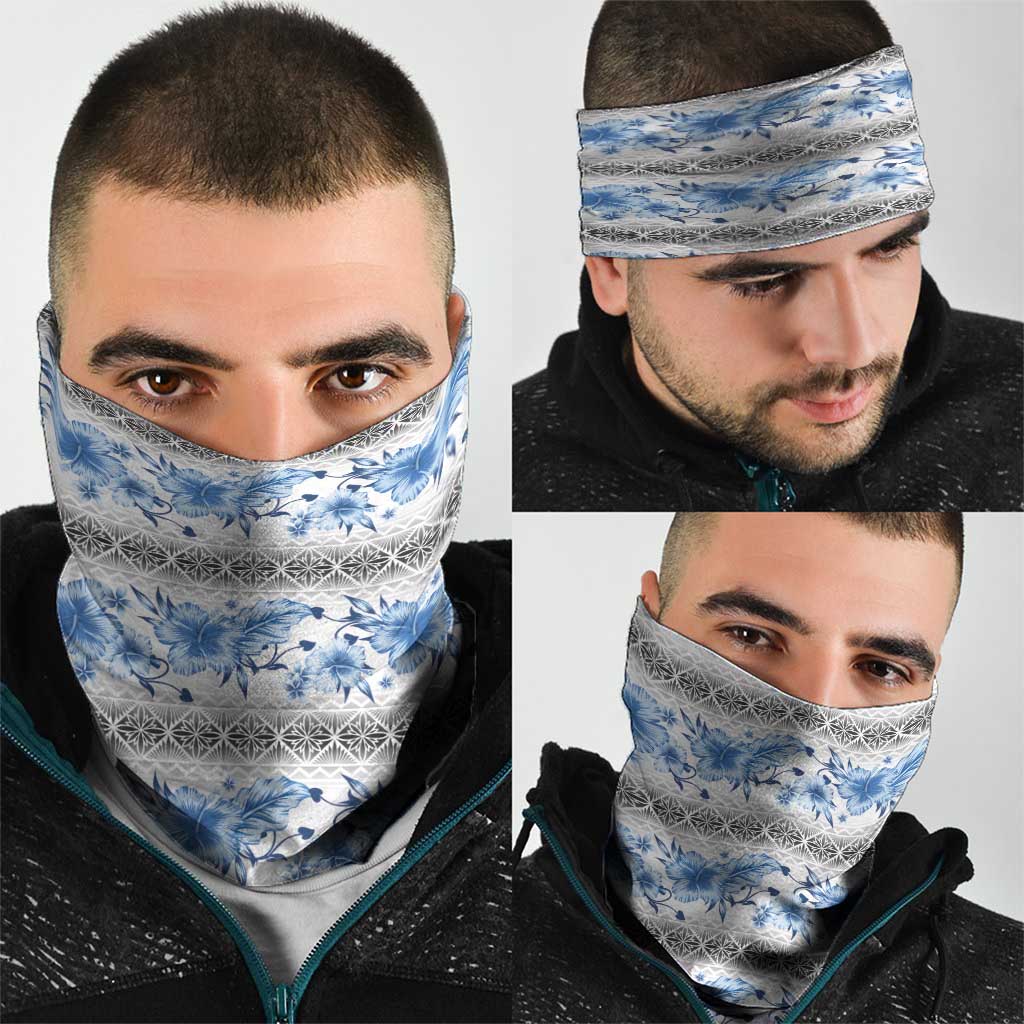 Samoa White Sunday Neck Gaiter Samoan Tapa Blue Hibiscus - Polynesian Pride