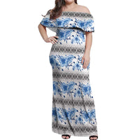 Samoa White Sunday Off Shoulder Maxi Dress Samoan Tapa Blue Hibiscus - Polynesian Pride