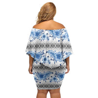 Samoa White Sunday Off Shoulder Short Dress Samoan Tapa Blue Hibiscus - Polynesian Pride