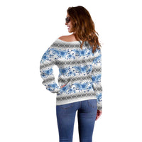 Samoa White Sunday Off Shoulder Sweater Samoan Tapa Blue Hibiscus - Polynesian Pride