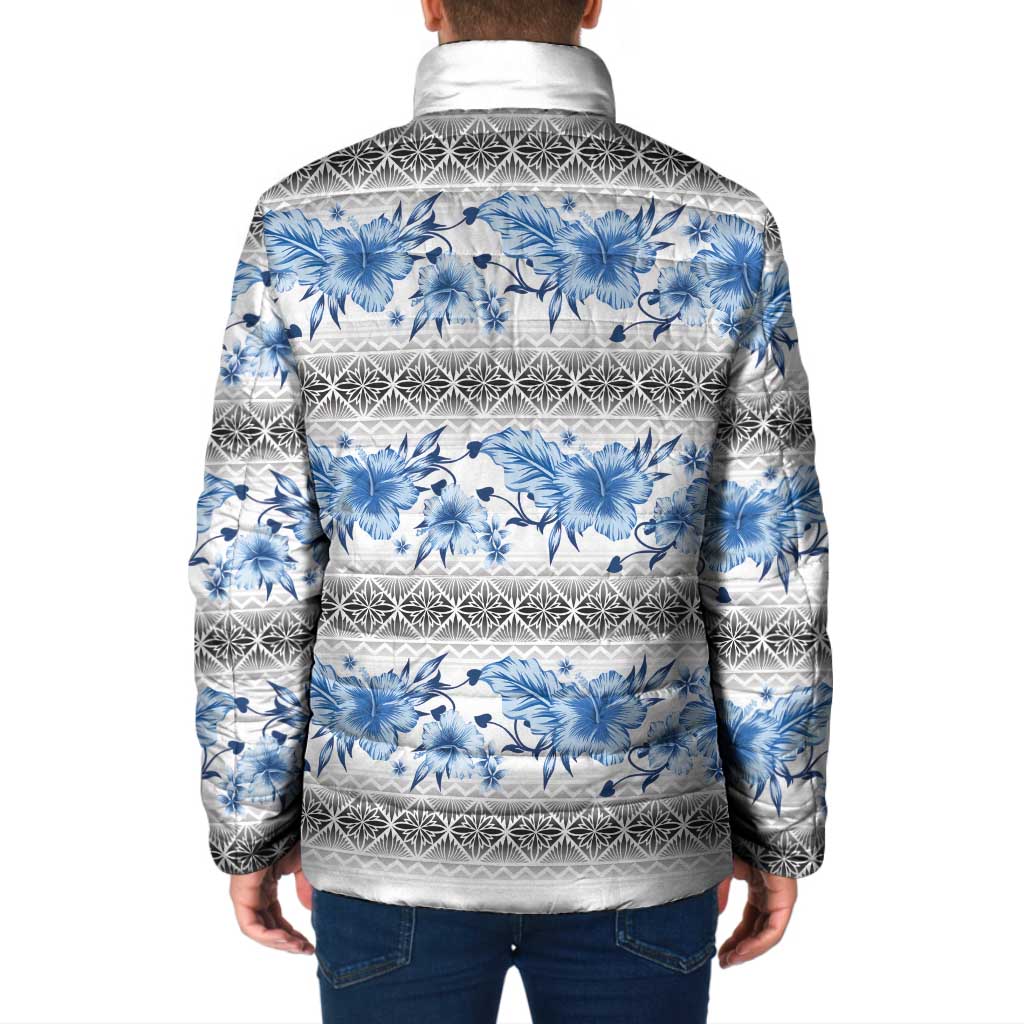 Samoa White Sunday Padded Jacket Samoan Tapa Blue Hibiscus - Polynesian Pride