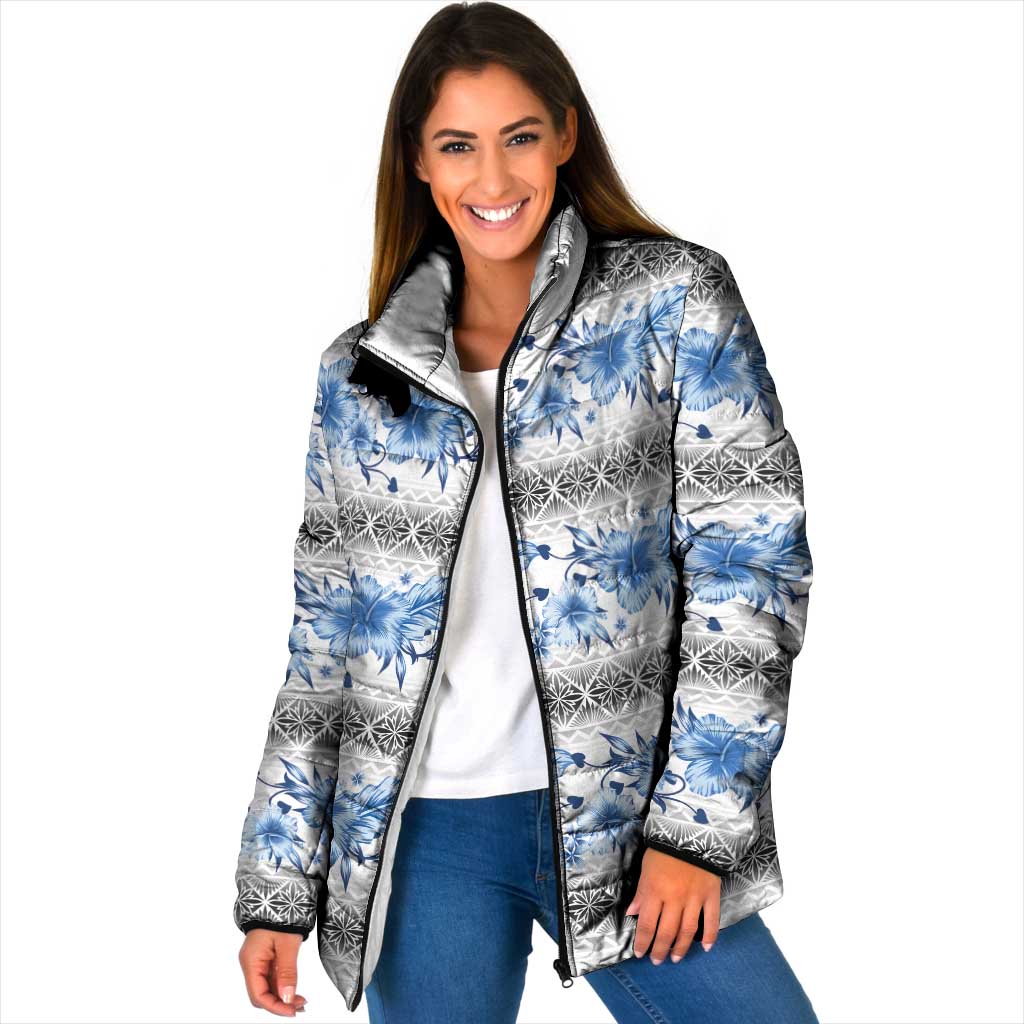 Samoa White Sunday Padded Jacket Samoan Tapa Blue Hibiscus - Polynesian Pride