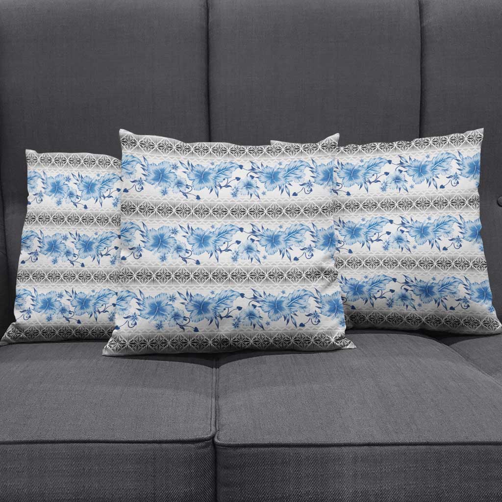 Samoa White Sunday Pillow Cover Samoan Tapa Blue Hibiscus - Polynesian Pride