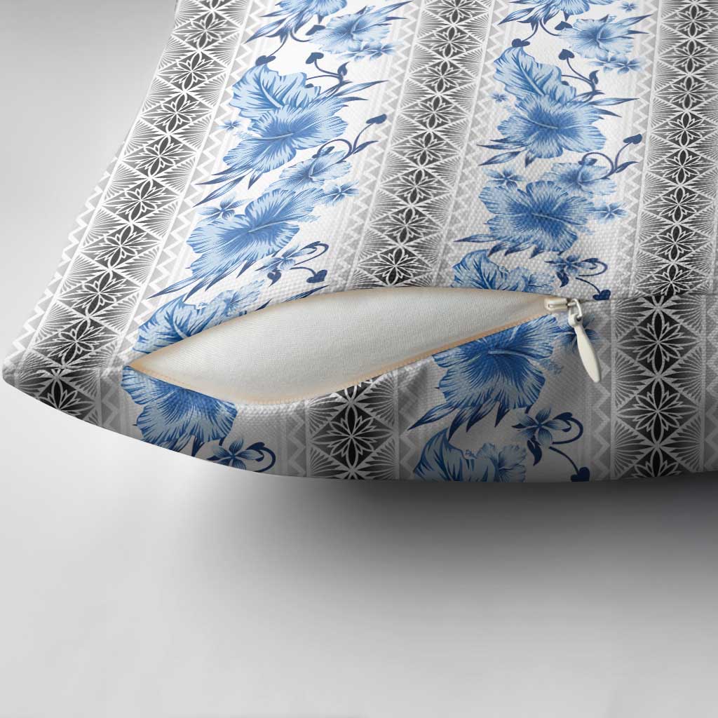 Samoa White Sunday Pillow Cover Samoan Tapa Blue Hibiscus - Polynesian Pride