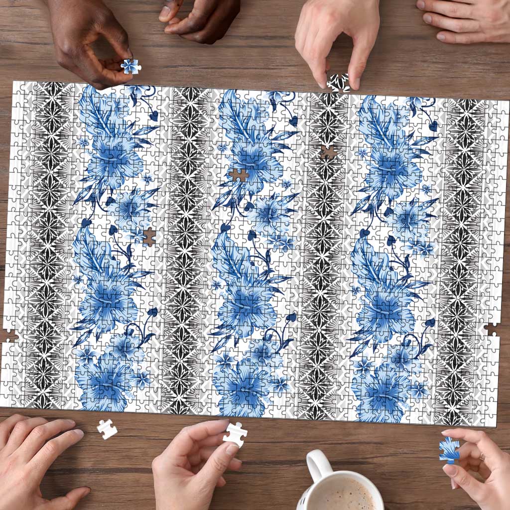 Samoa White Sunday Puzzle Samoan Tapa Blue Hibiscus - Polynesian Pride