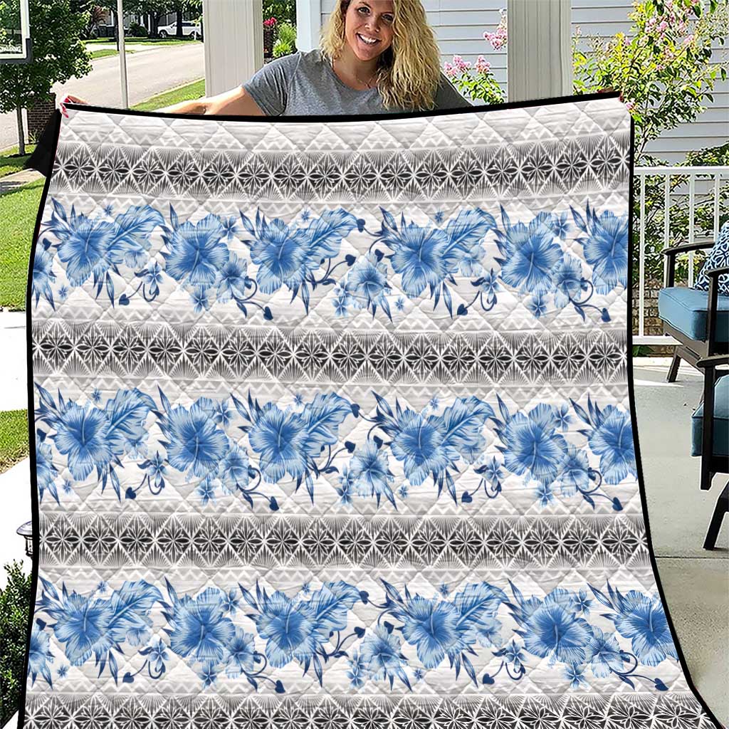 Samoa White Sunday Quilt Samoan Tapa Blue Hibiscus LT05 Blue - Polynesian Pride