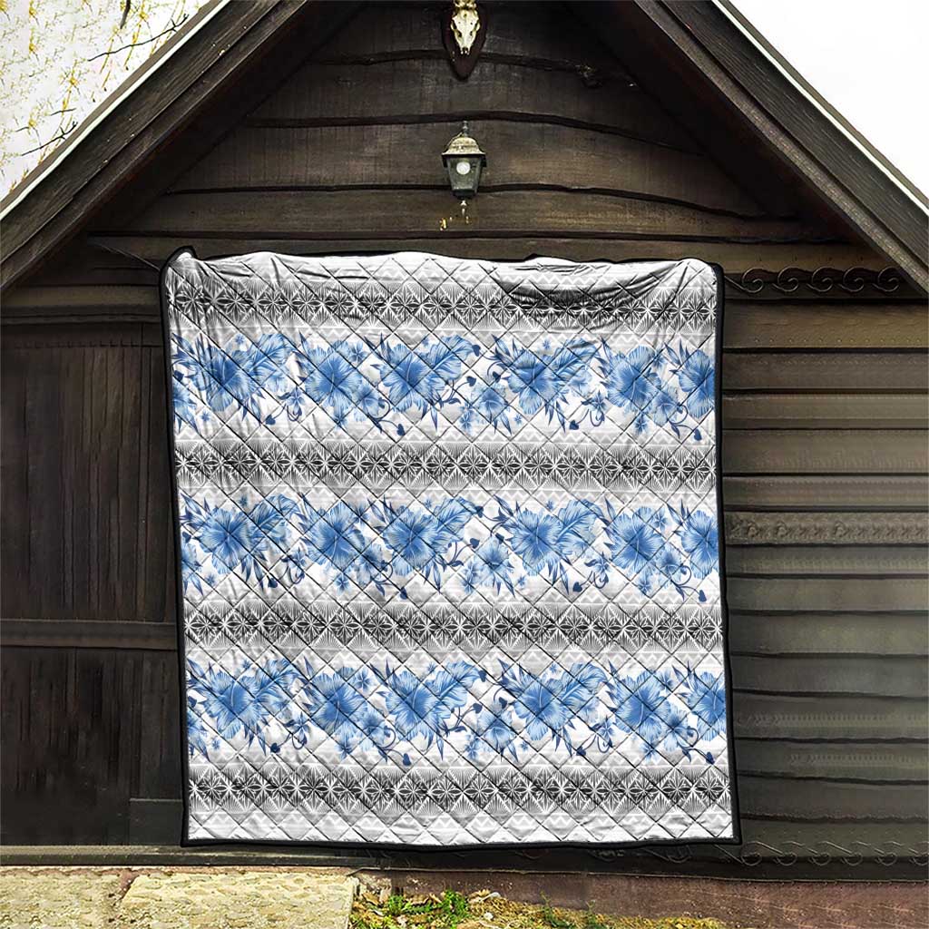 Samoa White Sunday Quilt Samoan Tapa Blue Hibiscus - Polynesian Pride