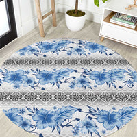 Samoa White Sunday Round Carpet Samoan Tapa Blue Hibiscus - Polynesian Pride