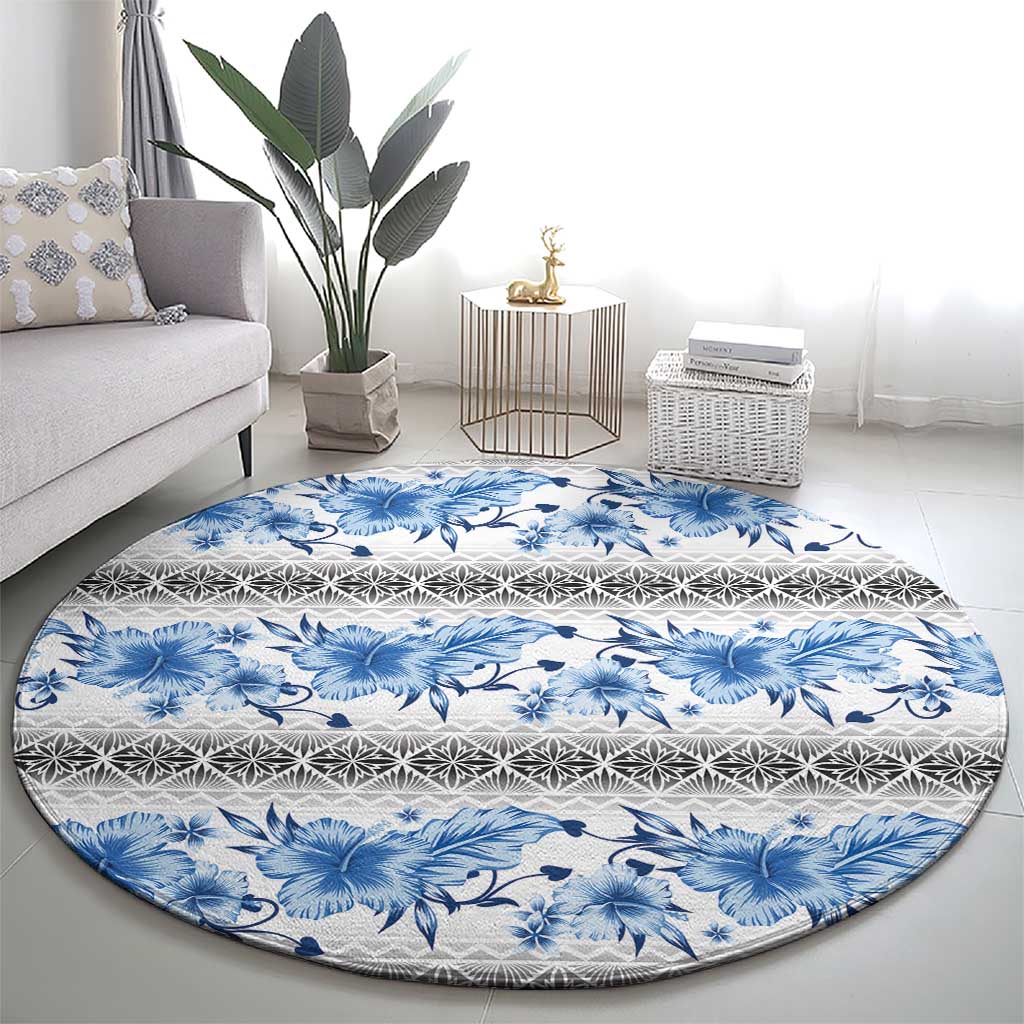 Samoa White Sunday Round Carpet Samoan Tapa Blue Hibiscus - Polynesian Pride