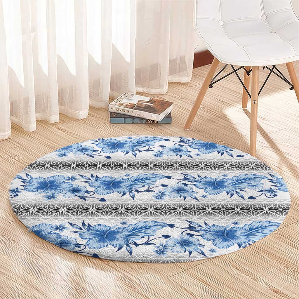 Samoa White Sunday Round Carpet Samoan Tapa Blue Hibiscus - Polynesian Pride