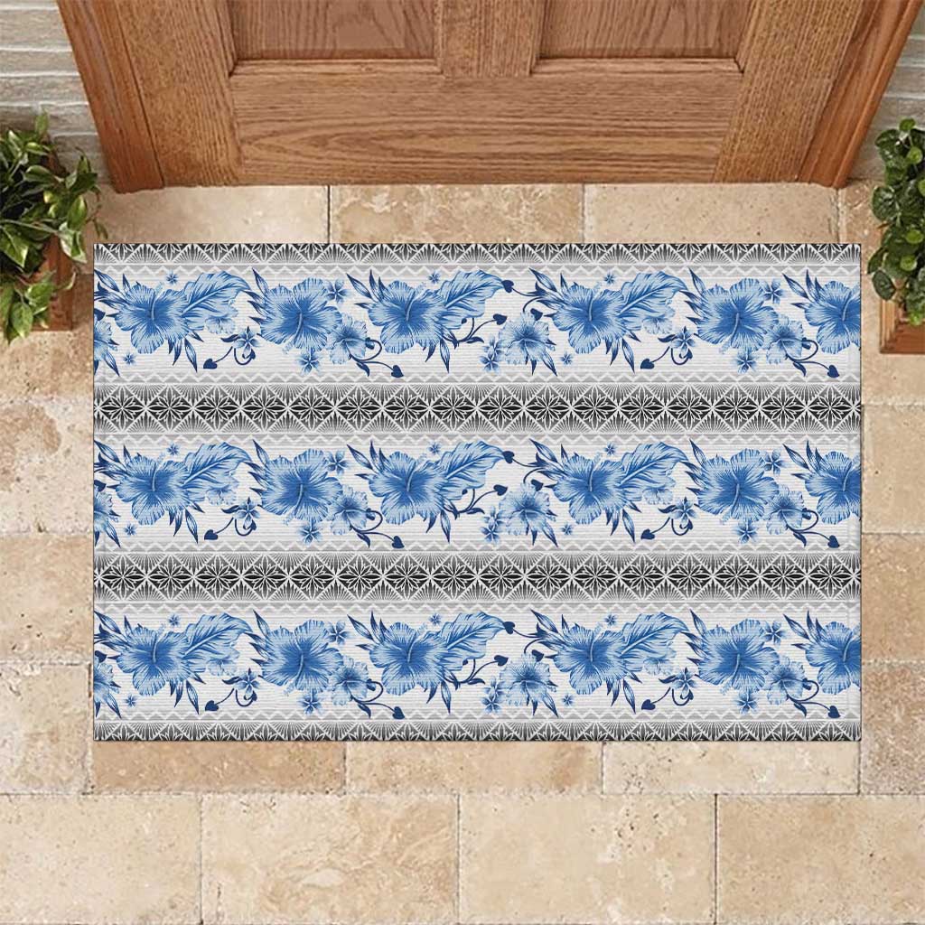 Samoa White Sunday Rubber Doormat Samoan Tapa Blue Hibiscus - Polynesian Pride