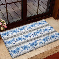 Samoa White Sunday Rubber Doormat Samoan Tapa Blue Hibiscus - Polynesian Pride