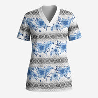 Samoa White Sunday Scrub Top Samoan Tapa Blue Hibiscus - Polynesian Pride