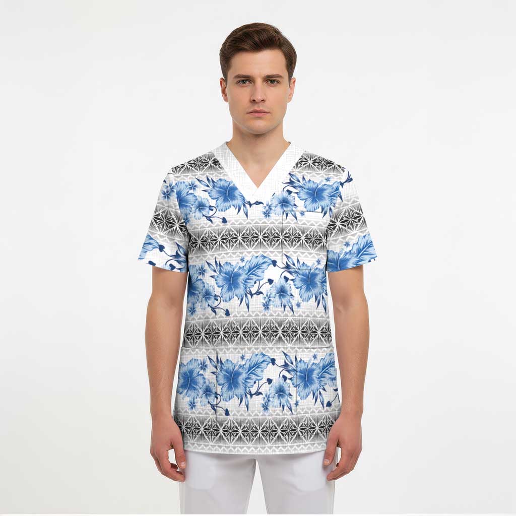 Samoa White Sunday Scrub Top Samoan Tapa Blue Hibiscus - Polynesian Pride