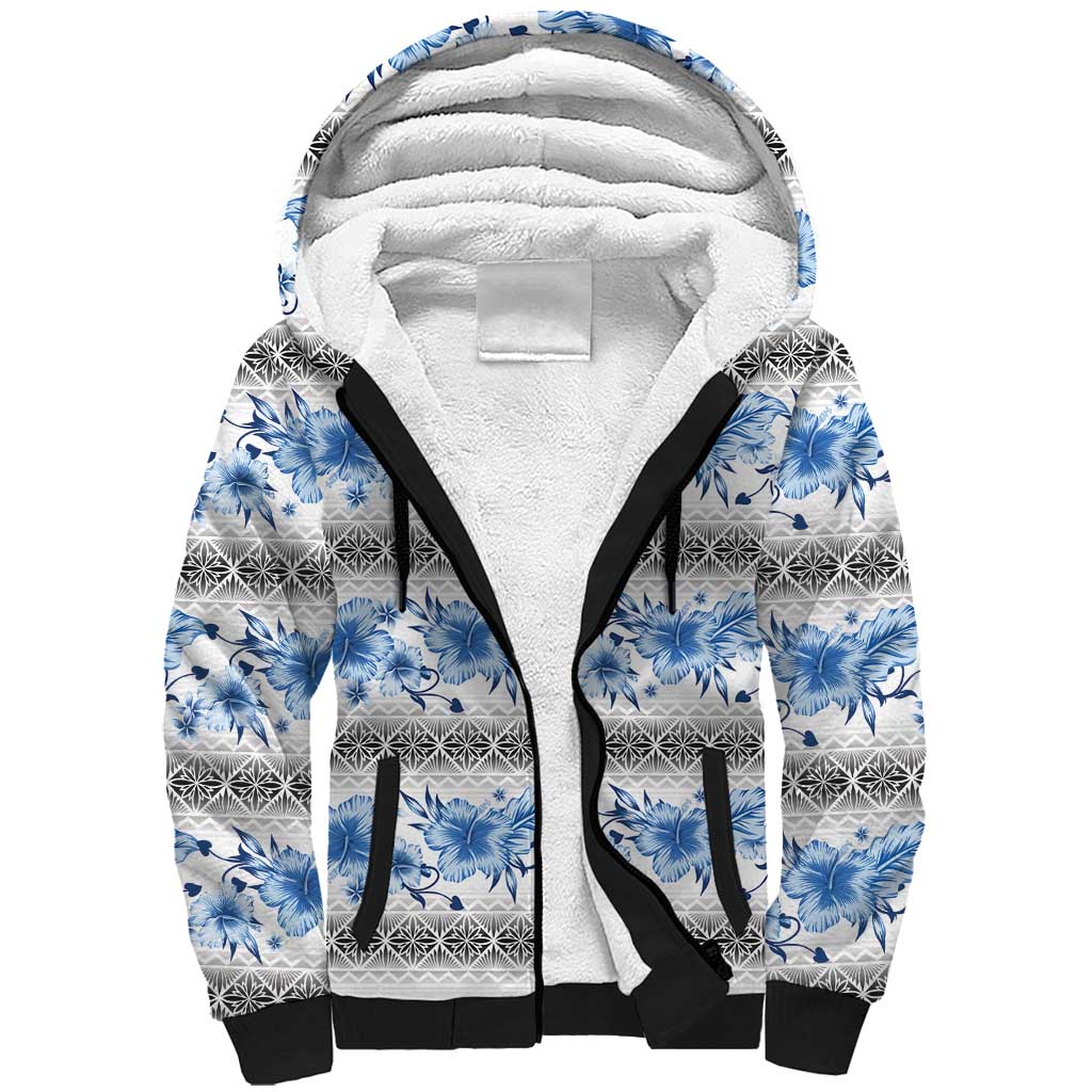 Samoa White Sunday Sherpa Hoodie Samoan Tapa Blue Hibiscus LT05 Unisex Blue - Polynesian Pride