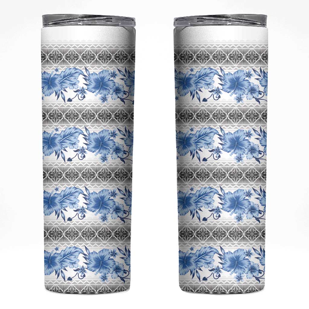 Samoa White Sunday Skinny Tumbler Samoan Tapa Blue Hibiscus - Polynesian Pride