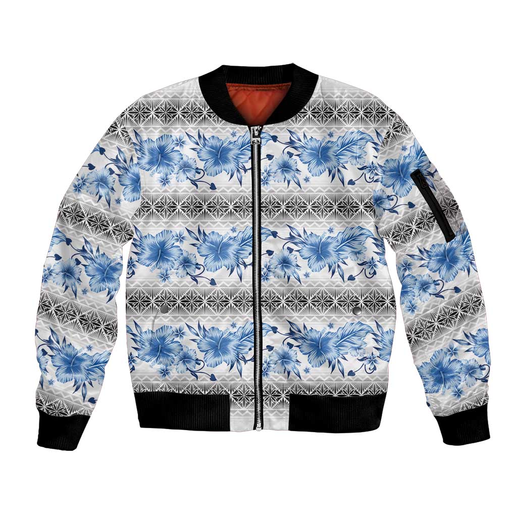Samoa White Sunday Sleeve Zip Bomber Jacket Samoan Tapa Blue Hibiscus LT05 Unisex Blue - Polynesian Pride
