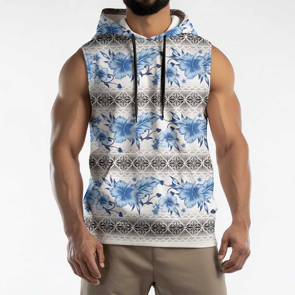 Samoa White Sunday Sleeveless Hoodie Samoan Tapa Blue Hibiscus - Polynesian Pride