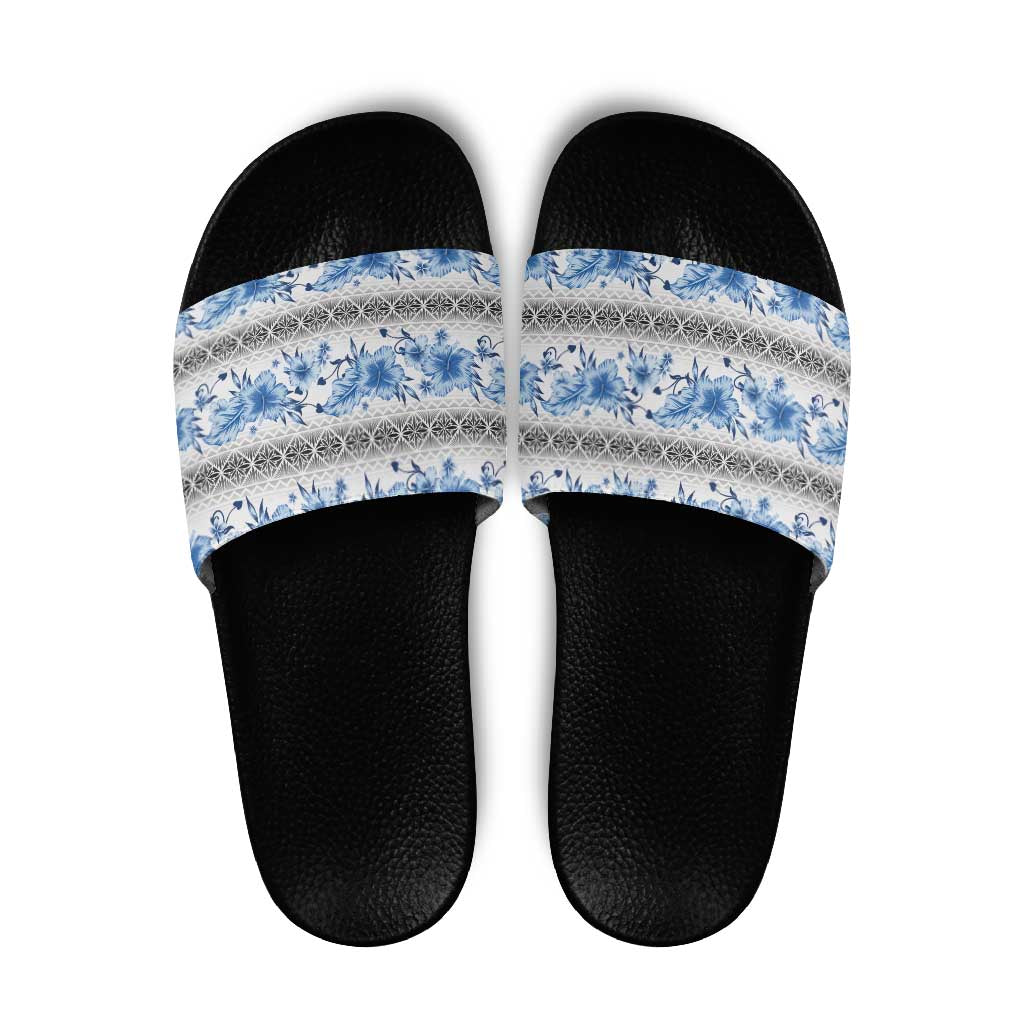 Samoa White Sunday Slide Sandals Samoan Tapa Blue Hibiscus - Polynesian Pride