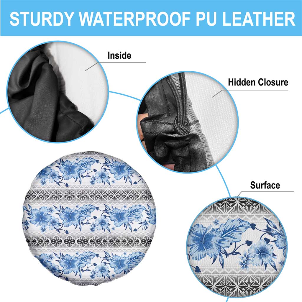 Samoa White Sunday Spare Tire Cover Samoan Tapa Blue Hibiscus - Polynesian Pride