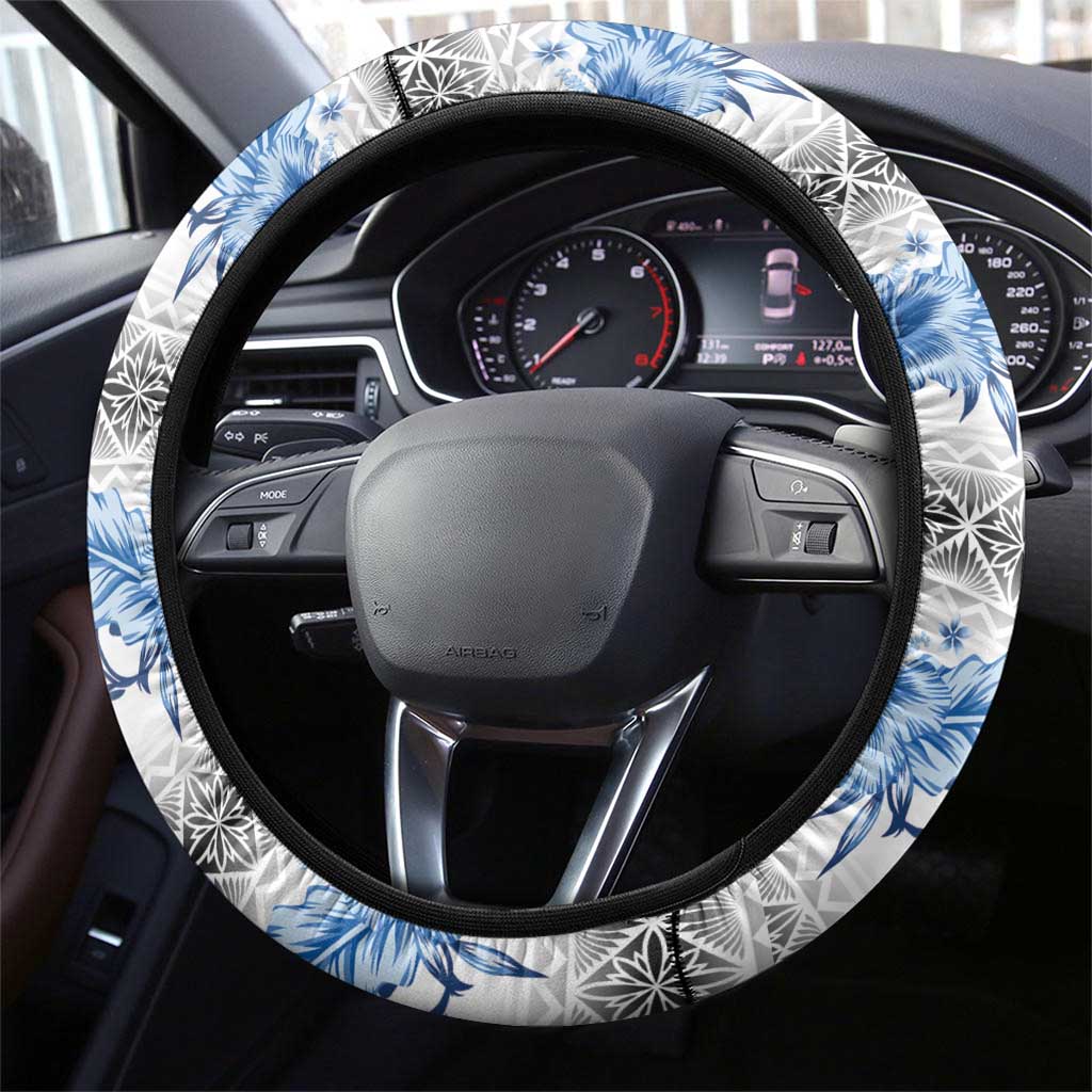 Samoa White Sunday Steering Wheel Cover Samoan Tapa Blue Hibiscus - Polynesian Pride